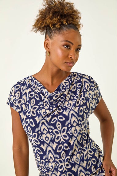 Roman Navy Geo Print Cowl Neck Stretch Top