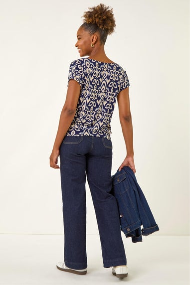 Roman Navy Geo Print Cowl Neck Stretch Top