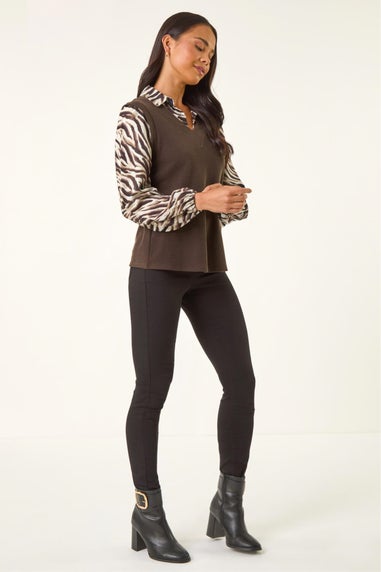 Roman Chocolate Petite Constrast V-Neck Top