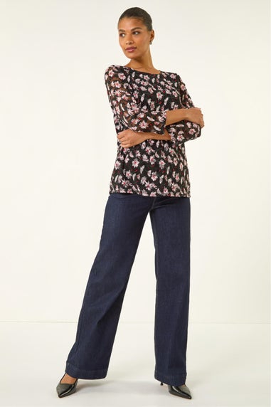 Roman Black Floral Print Stretch Top