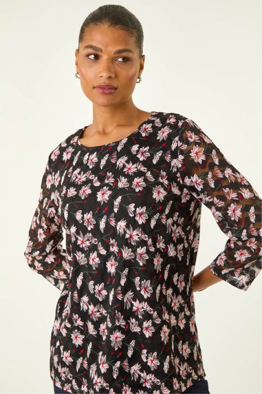 Roman Black Floral Print Stretch Top