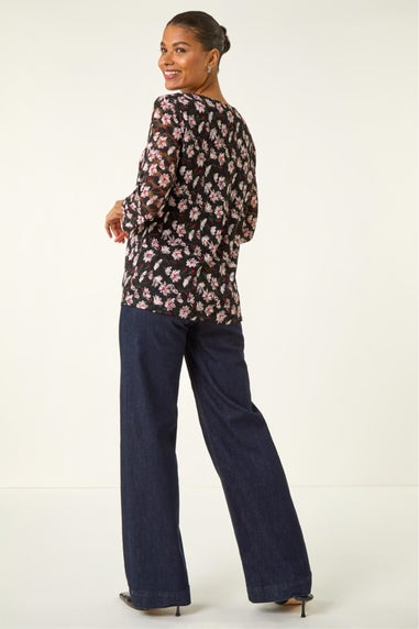 Roman Black Floral Print Stretch Top