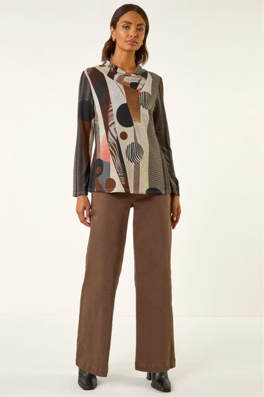 Roman Brown Abstract Print Snit Top