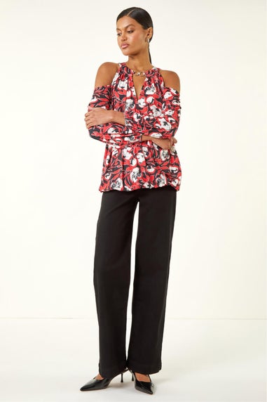 Roman Red Printed Cold Shoulder Stretch Top