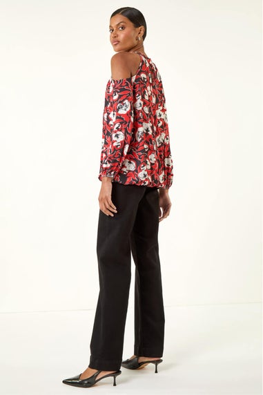 Roman Red Printed Cold Shoulder Stretch Top