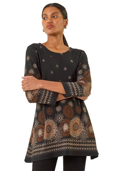 Roman Black Sunflower Printed Tunic Top