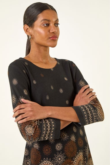 Roman Black Sunflower Printed Tunic Top