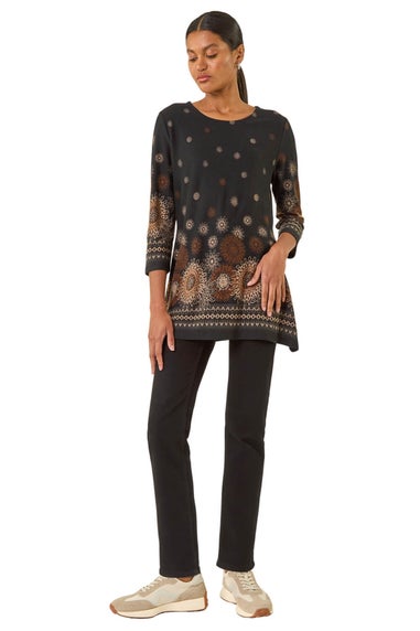 Roman Black Sunflower Printed Tunic Top