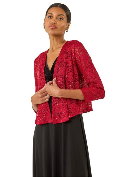 Roman Red Glitter Sequin Lace Top