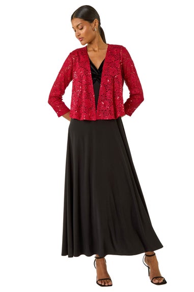 Roman Red Glitter Sequin Lace Top