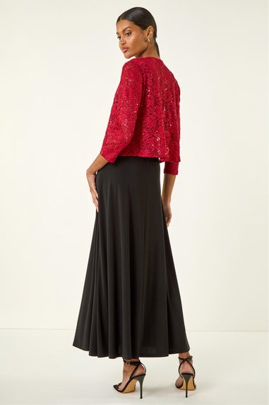 Roman Red Glitter Sequin Lace Top