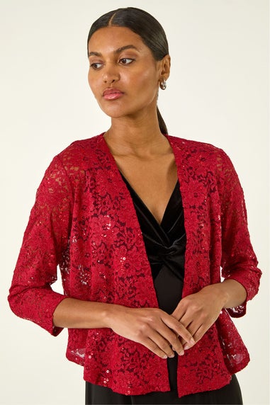 Roman Red Glitter Sequin Lace Top