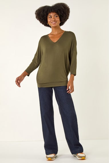 Roman Khaki V-Neck Jersey Stretch T-Shirt