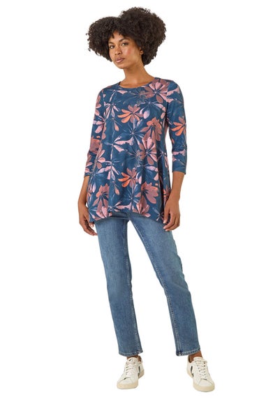 Roman Blue Floral Hanky Hem Stretch Top