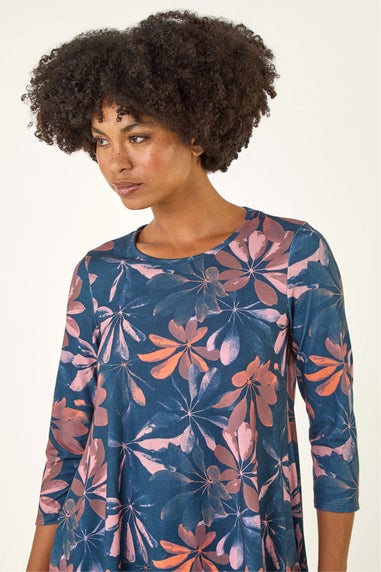 Roman Blue Floral Hanky Hem Stretch Top