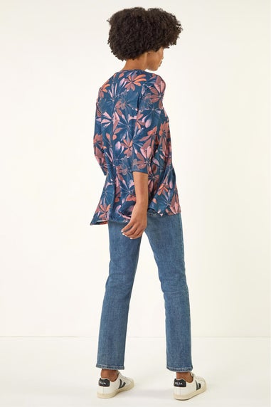 Roman Blue Floral Hanky Hem Stretch Top