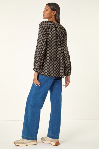 Roman Black Geometric Print Raglan Top
