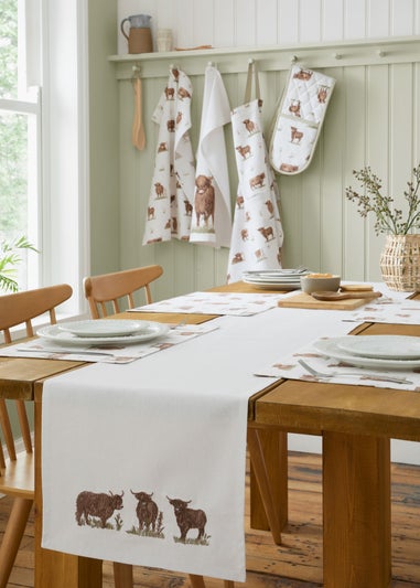 Catherine Lansfield Angus Highland Cow Cotton Dining Table Runner Natural