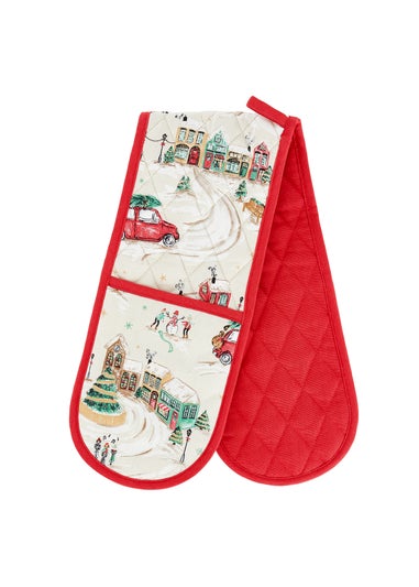Catherine Lansfield Christmas Town Cotton Kitchen Double Oven Glove Natural