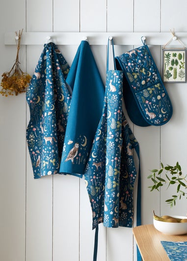 Catherine Lansfield Enchanted Twilight Animals Cotton Kitchen Double Oven Glove Navy