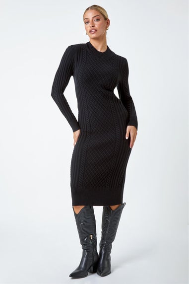 Dusk Black Cable Knit Midi Jumper Dress