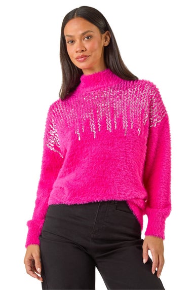Dusk Pink Sequin Embellished Fluffy Knit Jumper