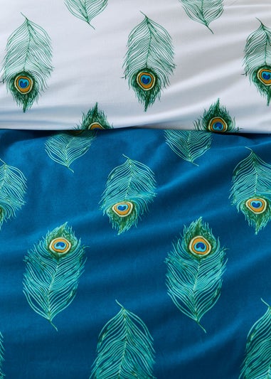 Their Nibs Peacock Feather Cotton Reversible Duvet Cover Set Teal Green