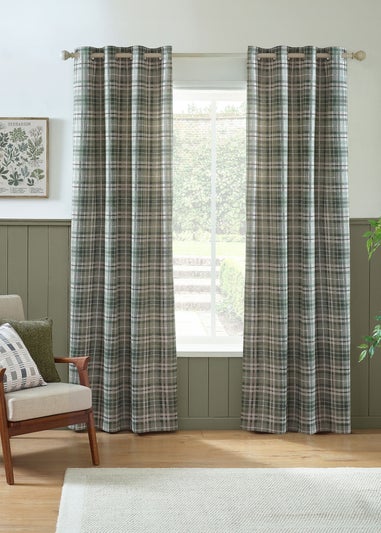 Catherine Lansfield Green Cullen Thermal Check Brushed Cotton Eyelet Curtains