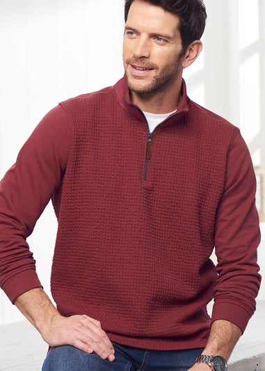 Cotton Traders Rusty Red Textured Zip Neck Top
