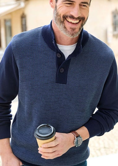 Cotton Traders Ink Half Button Textured Birdseye Jumper