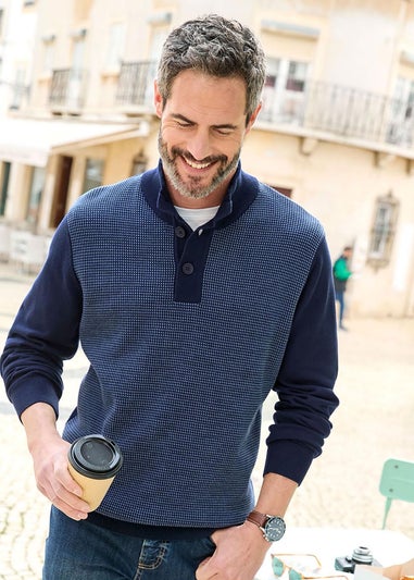 Cotton Traders Ink Half Button Textured Birdseye Jumper