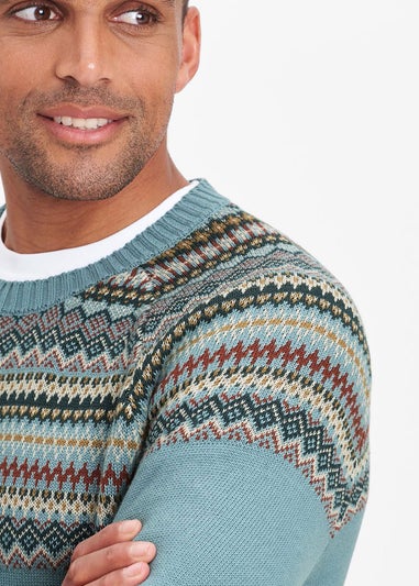 Cotton Traders Duck Egg Cotton Fair Isle Crew Neck Jumper