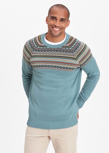 Cotton Traders Duck Egg Cotton Fair Isle Crew Neck Jumper