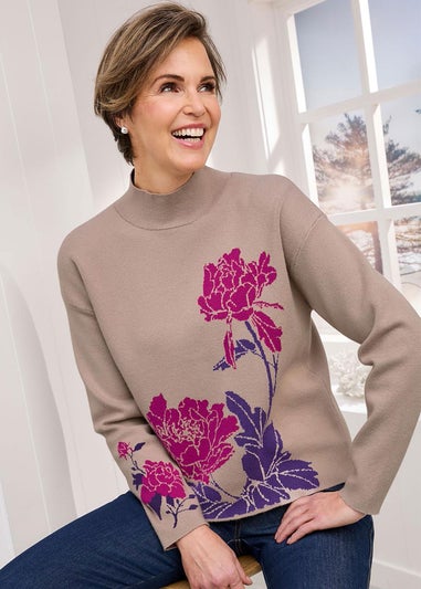 Cotton Traders Light Pebble Floral Jacquard Jumper