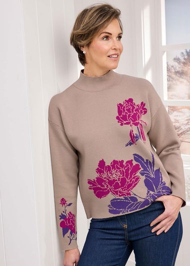 Cotton Traders Light Pebble Floral Jacquard Jumper