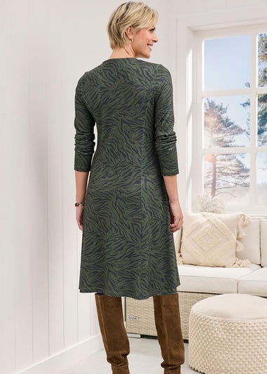 Cotton Traders Olive Soft Touch Jersey Knee Length Swing Dress