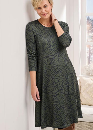 Cotton Traders Olive Soft Touch Jersey Knee Length Swing Dress