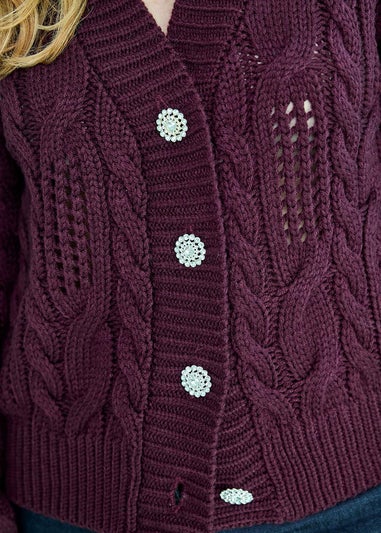 Cotton Traders Bordeaux Jewel Button Cable Cardigan