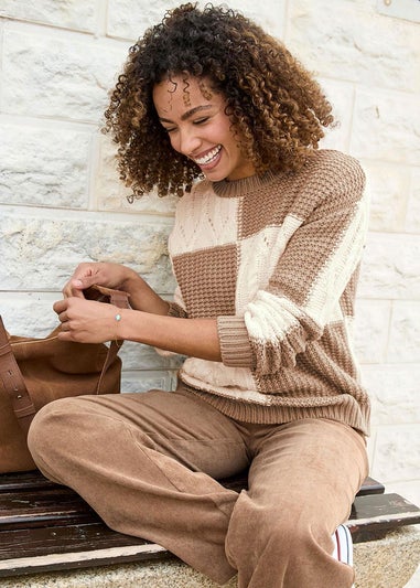Cotton Traders Light Tan Patchwork Jumper