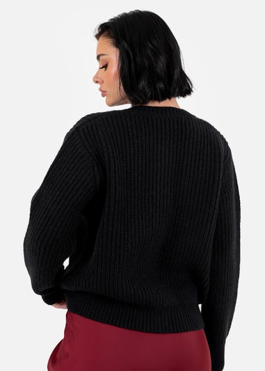 Lovedrobe Bow Button Round Neck Black Cardigan
