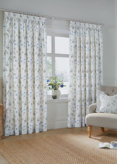 Wylder Nature Meadow 100% Cotton Lined White Pencil Pleat Curtain Pair