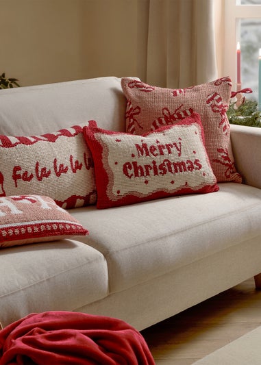 Furn Candy Merry Christmas Tufted Red/White Cushion