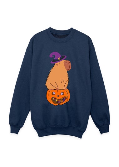 Brands In Capybara Pumpkin Girls Navy Blue Graphic Sweatshirt (Age 3-13 Years)
