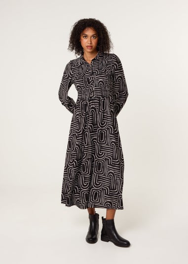 Blue Vanilla Black Shirred Bust Long Sleeve Midi Dress
