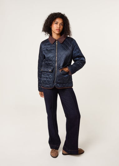 Blue Vanilla Navy Diamond Quilted Cord Collar Coat
