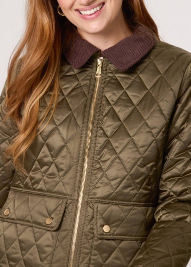 Blue Vanilla Khaki Diamond Quilted Cord Collar Coat