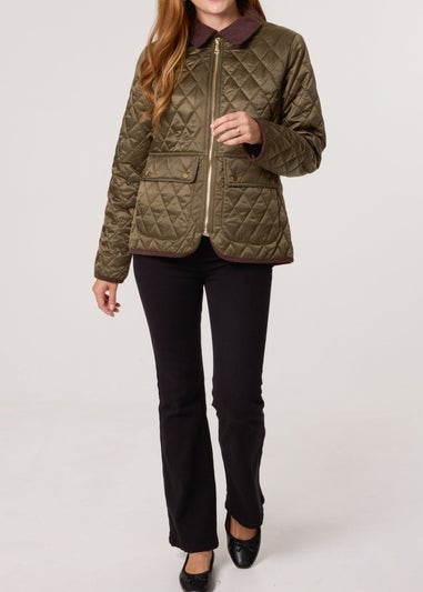Blue Vanilla Khaki Diamond Quilted Cord Collar Coat
