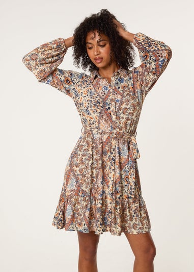 Blue Vanilla Beige Belted Mini Shirt Dress