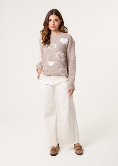 Blue Vanilla Beige Diamante Detailed Heart Jumper