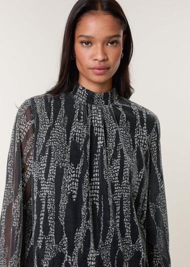 Blue Vanilla Silver Snake High Neck Puff Ball Blouse